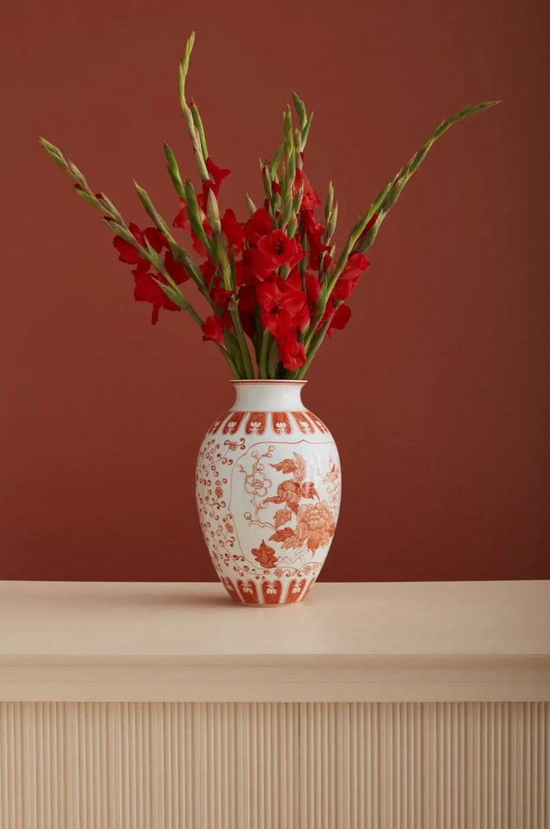 Coral Orange & White Hand Painted Chinoiserie Ceramic Elodie
