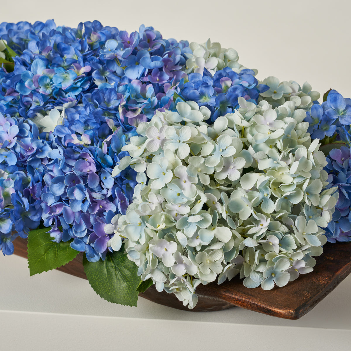 Mixed Blue Hydrangeas in Large Hand Carved Wood Dough Bowl Everyday Ar