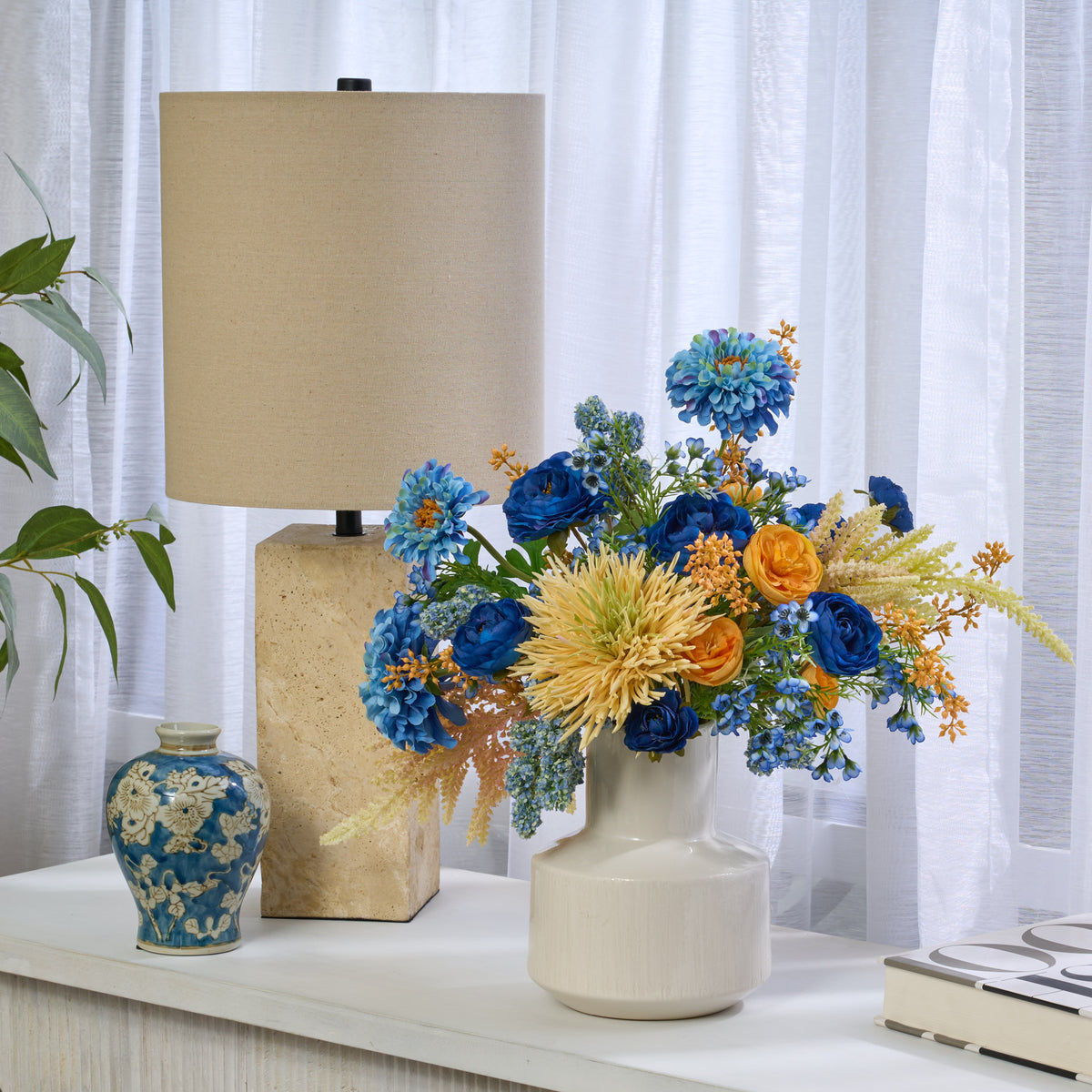 Blue Oblivion - Zinnia, Ranunculus & Chrysanthemum All Seasons Summer  Arrangement in Glossy White Ceramic Long Neck Vase