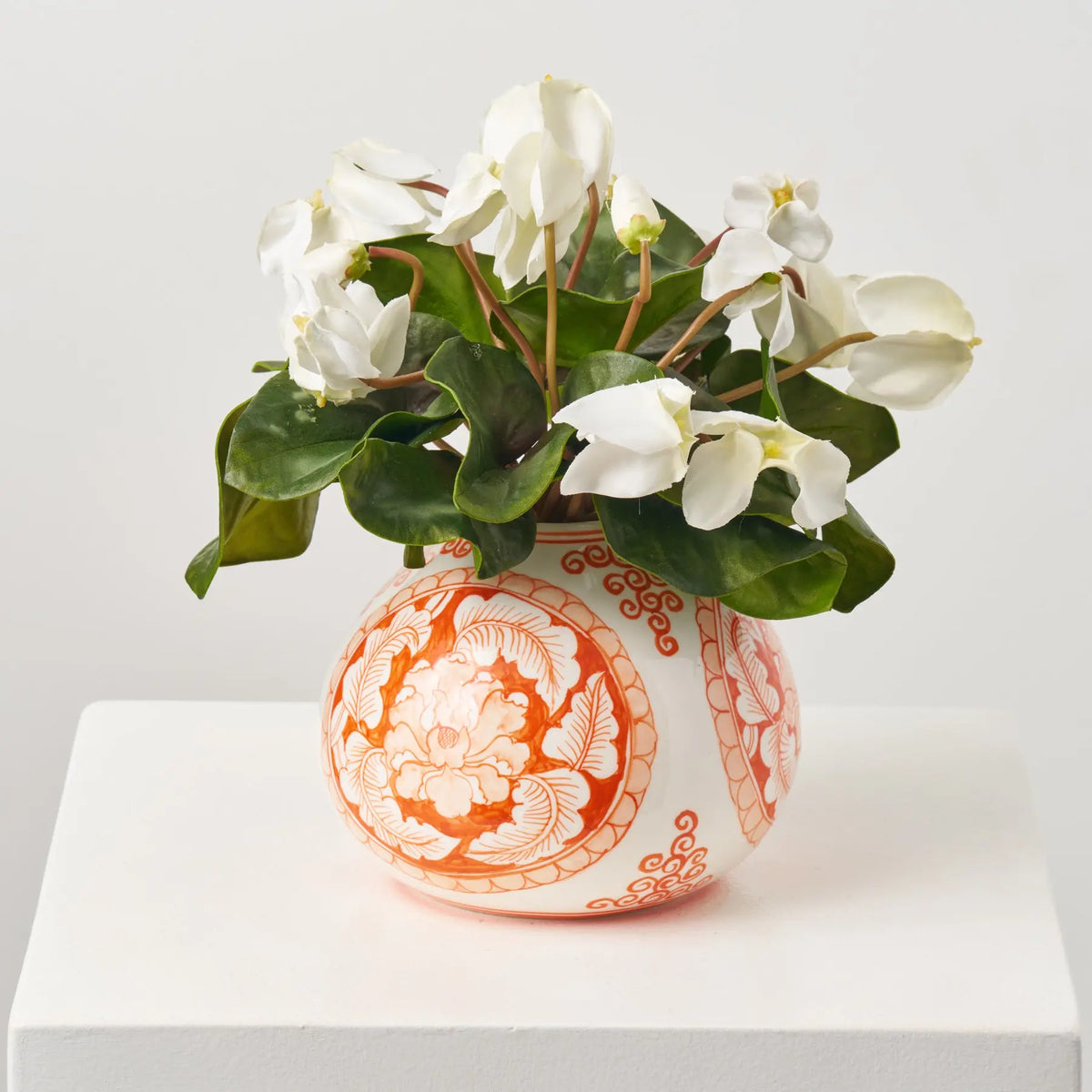 White Cyclamen Leaf & Bloom in Orange Chinoiserie Style Porcelain