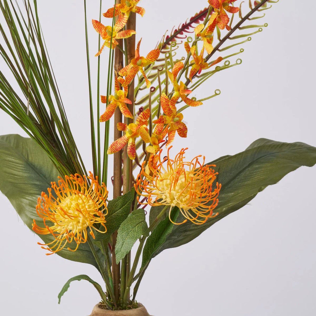 Faux Tropical Orange Orchid & Protea Arrangement in Wood Bowl