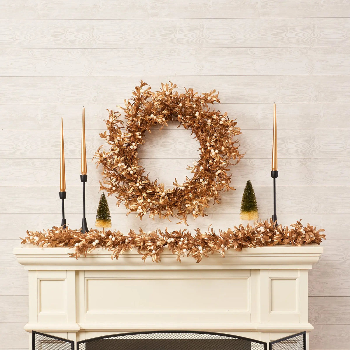 Shiny Metallic Gold Boxwood & Pearl White Mistletoe Berry