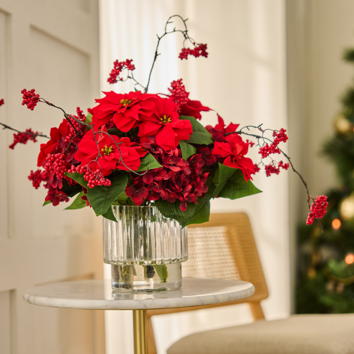 Red Ruby Noel - Lifelike Mini Poinsettia, Burgundy Hydrangea