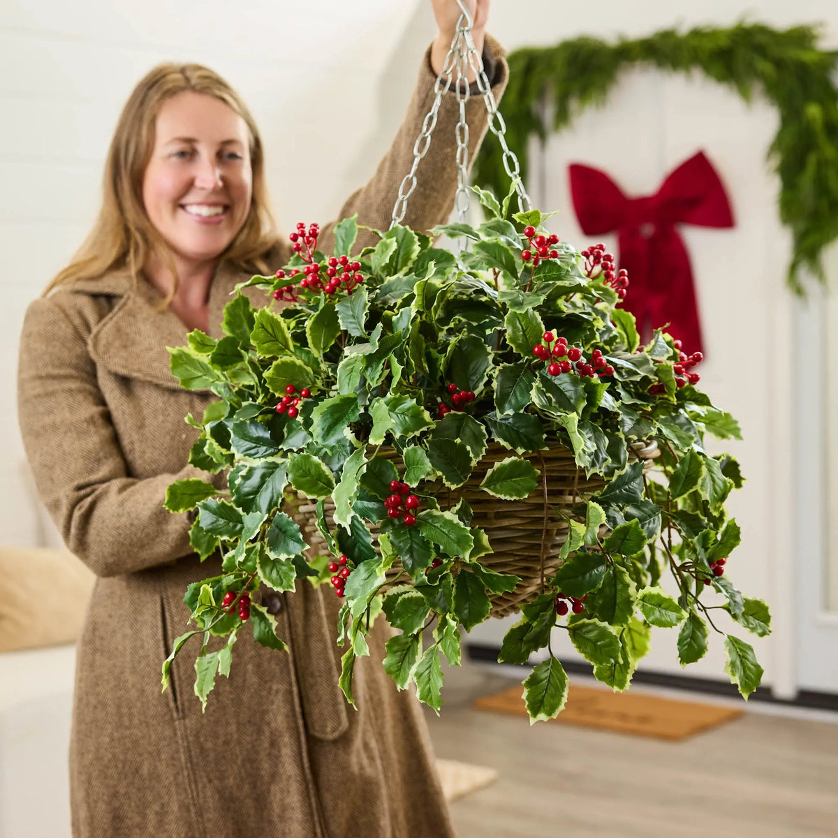 hanging christmas plants Variegated Green Holly Leaf & Red Berry Vine Christmas Hanging Basket