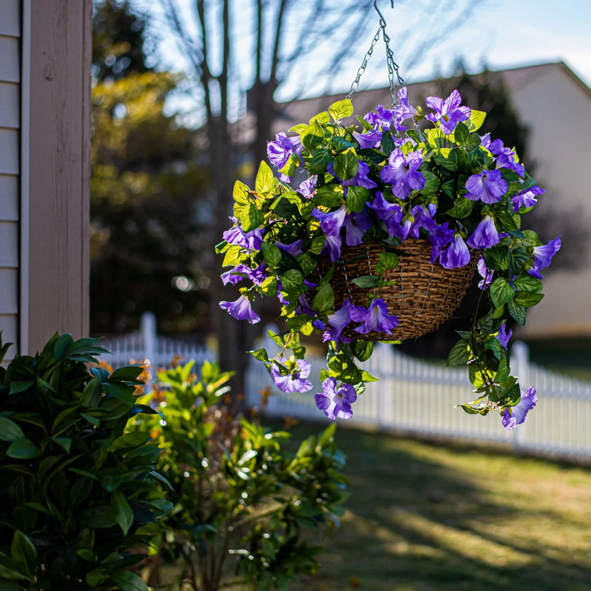 purple flower hanging plant Cascading Purple Petunia Artificial Plant in Round Rattan Hanging – Darby Creek Trading