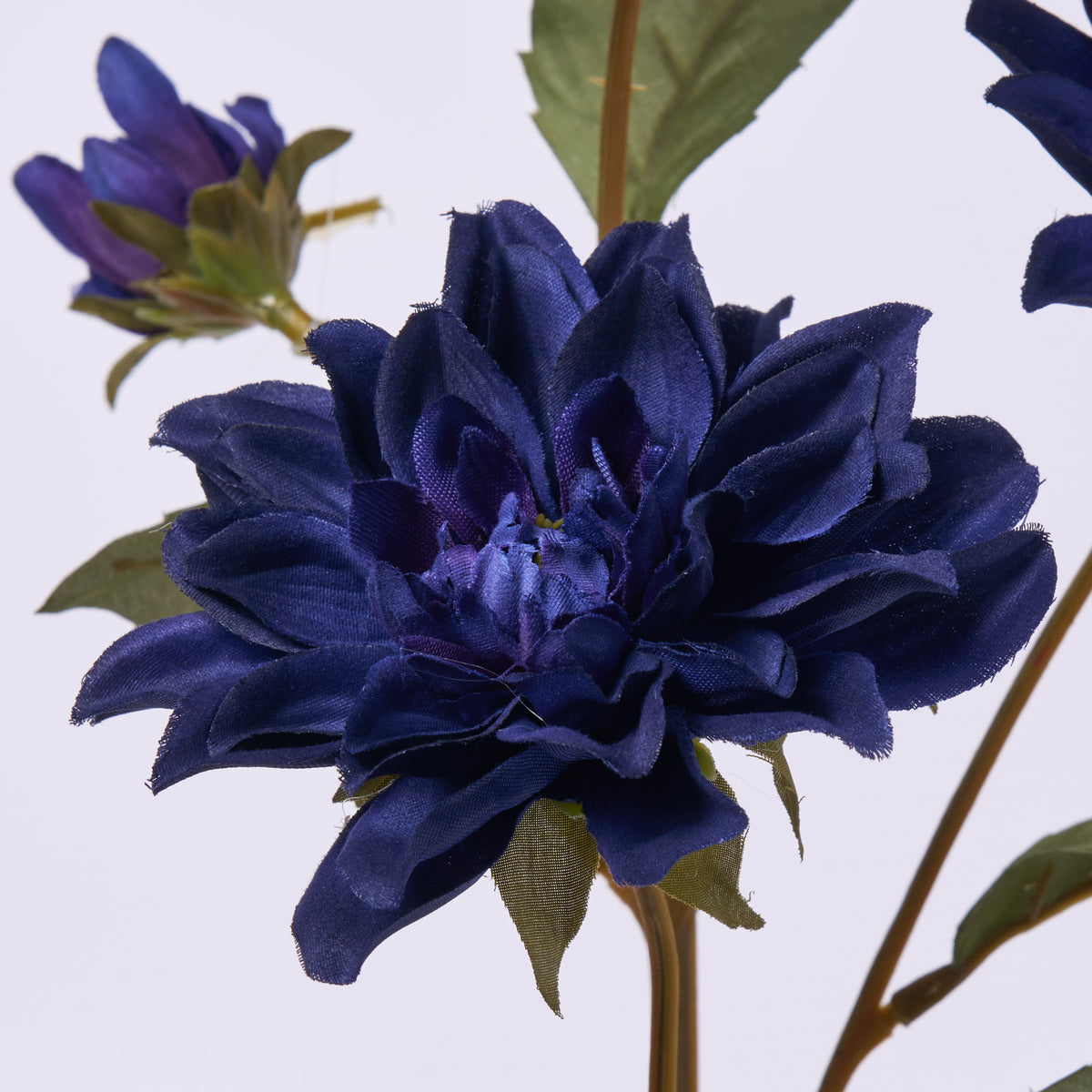 Sapphire Blue Silk Dahlia Bloom & Bud Faux Floral Stem Spray - 29 