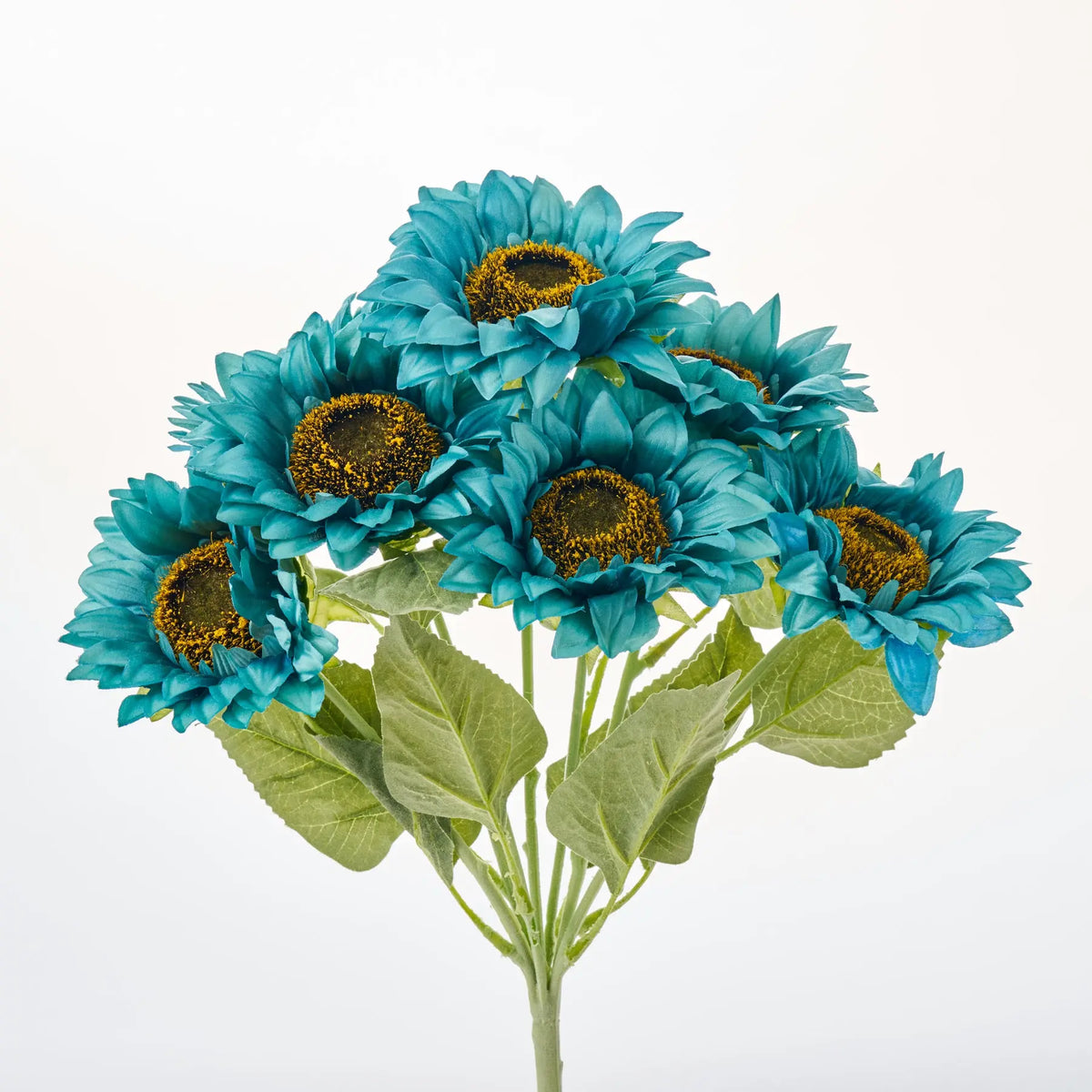 Turquoise Blue Faux Floral Sunflower Heads Bush Bouquet - 17