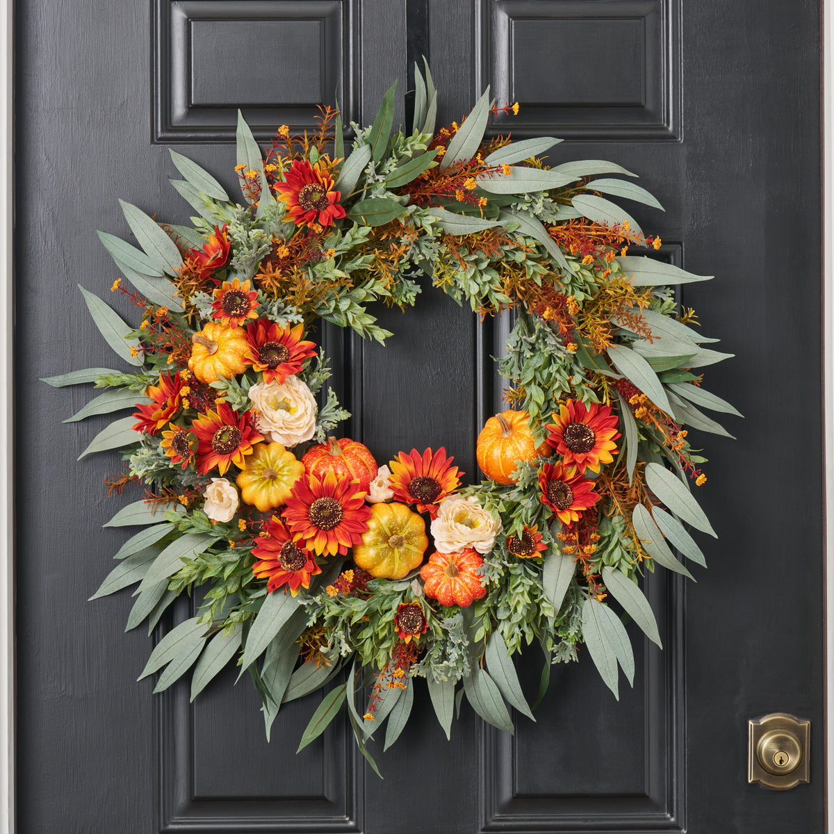 Mixed Autumn Pumpkin, Burnt Orange Sunflowers, Cream Ranunculus