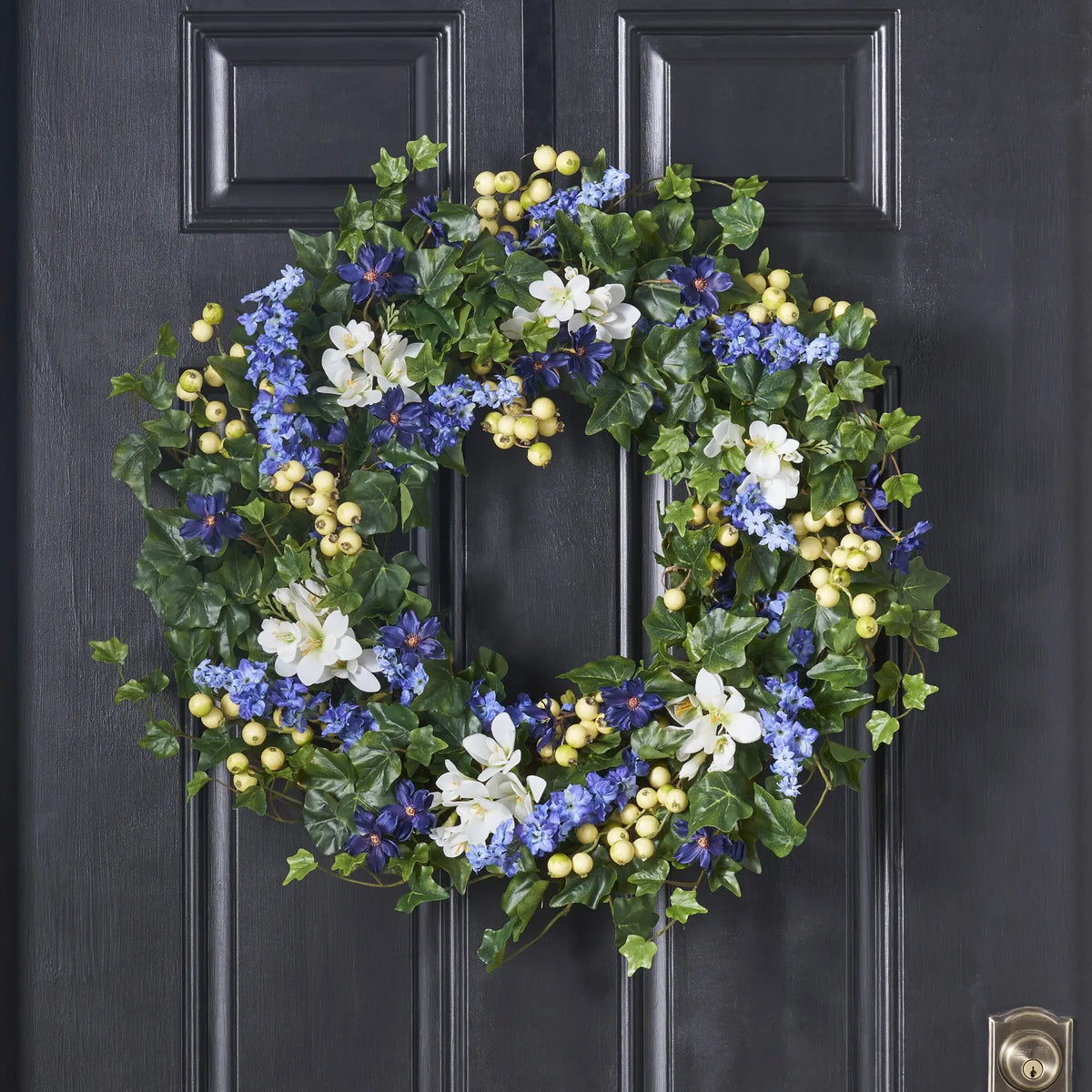 Blue Larkspur & White Freesia Spring Wreath - Front Door Decor