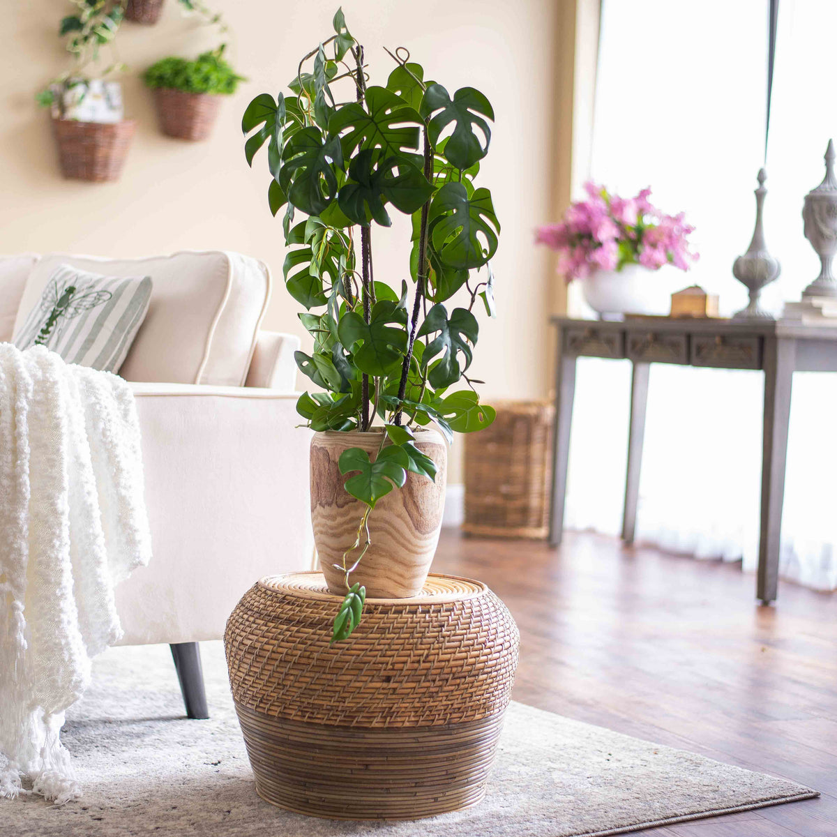 Green Split Leaf Monstera Faux House Plant Arrangement In Black Drop I
