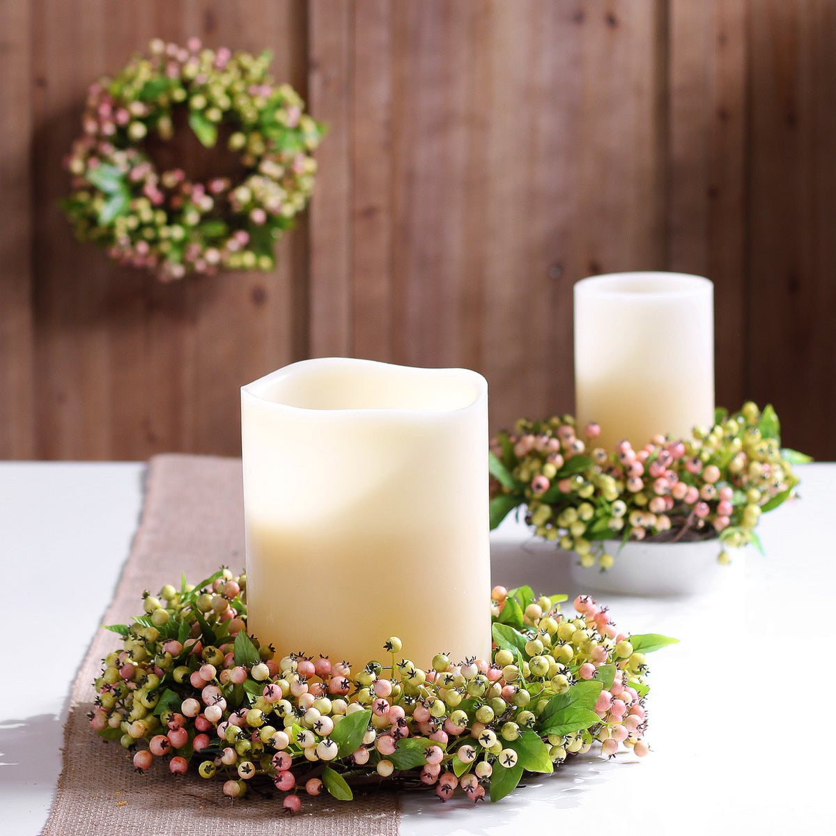 Pink & Green Pepperberry Mini Wreath or Candle Wreath Centerpiece