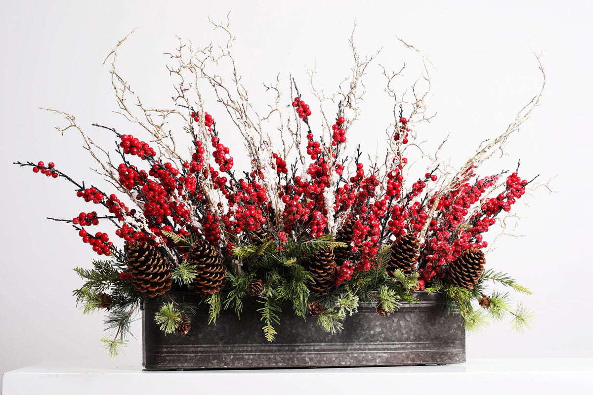 Iced Red Berry, Cedar & Snowy Birch Christmas Arrangement Window Box C