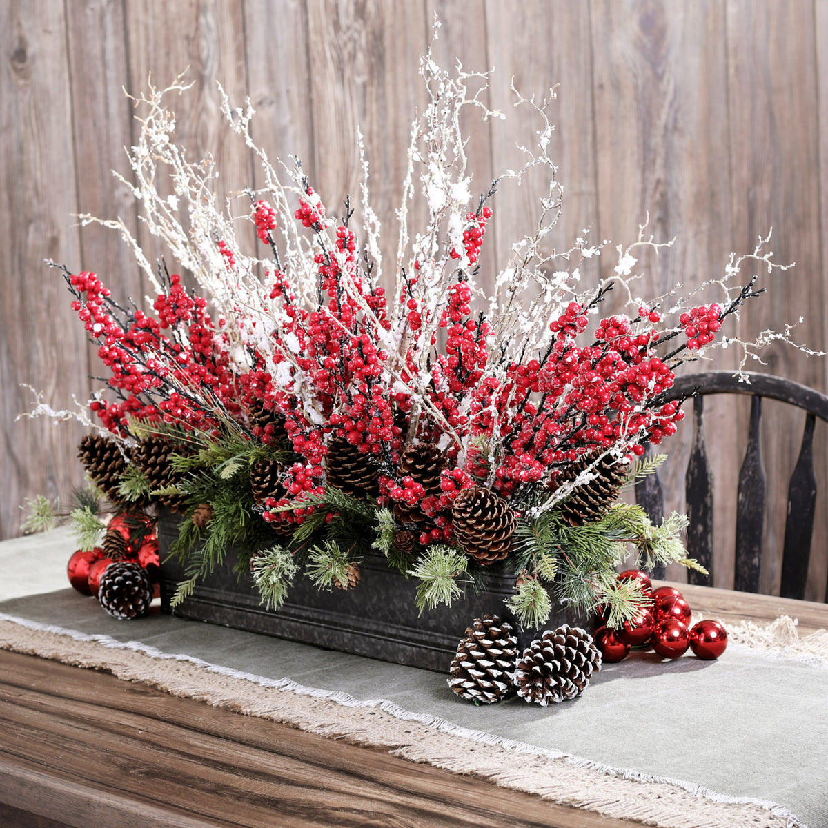 Iced Red Berry, Cedar & Snowy Birch Christmas Arrangement Window Box C