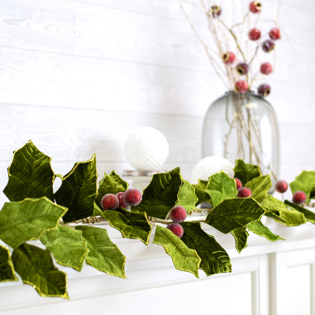 Gold Glimmer Holly With Dark Red Berries 59 Faux Garland