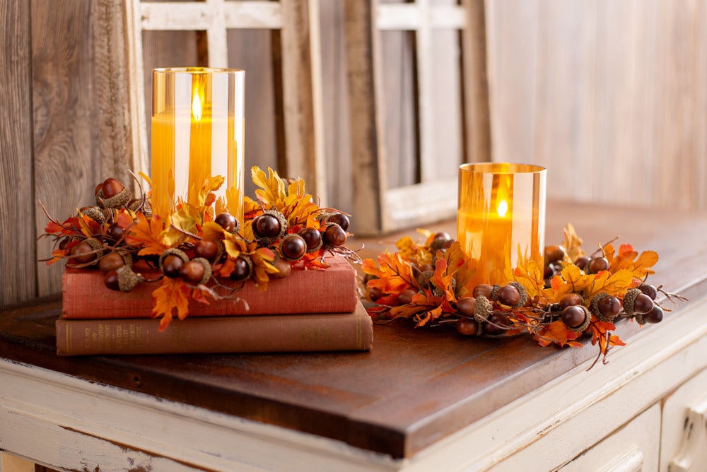 Autumn Leaves & Acorn Fall Mini Wreath Centerpiece Candle Ring Set of –  Darby Creek Trading