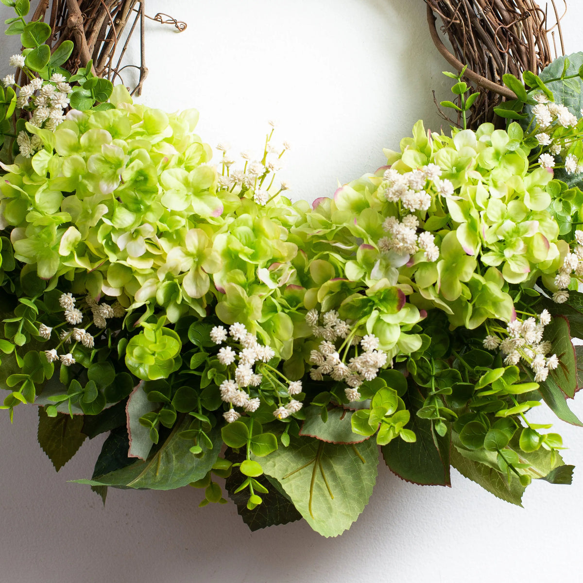 Green Hydrangea & Gypsophila Spring Wreath - Eucalyptus Front Door