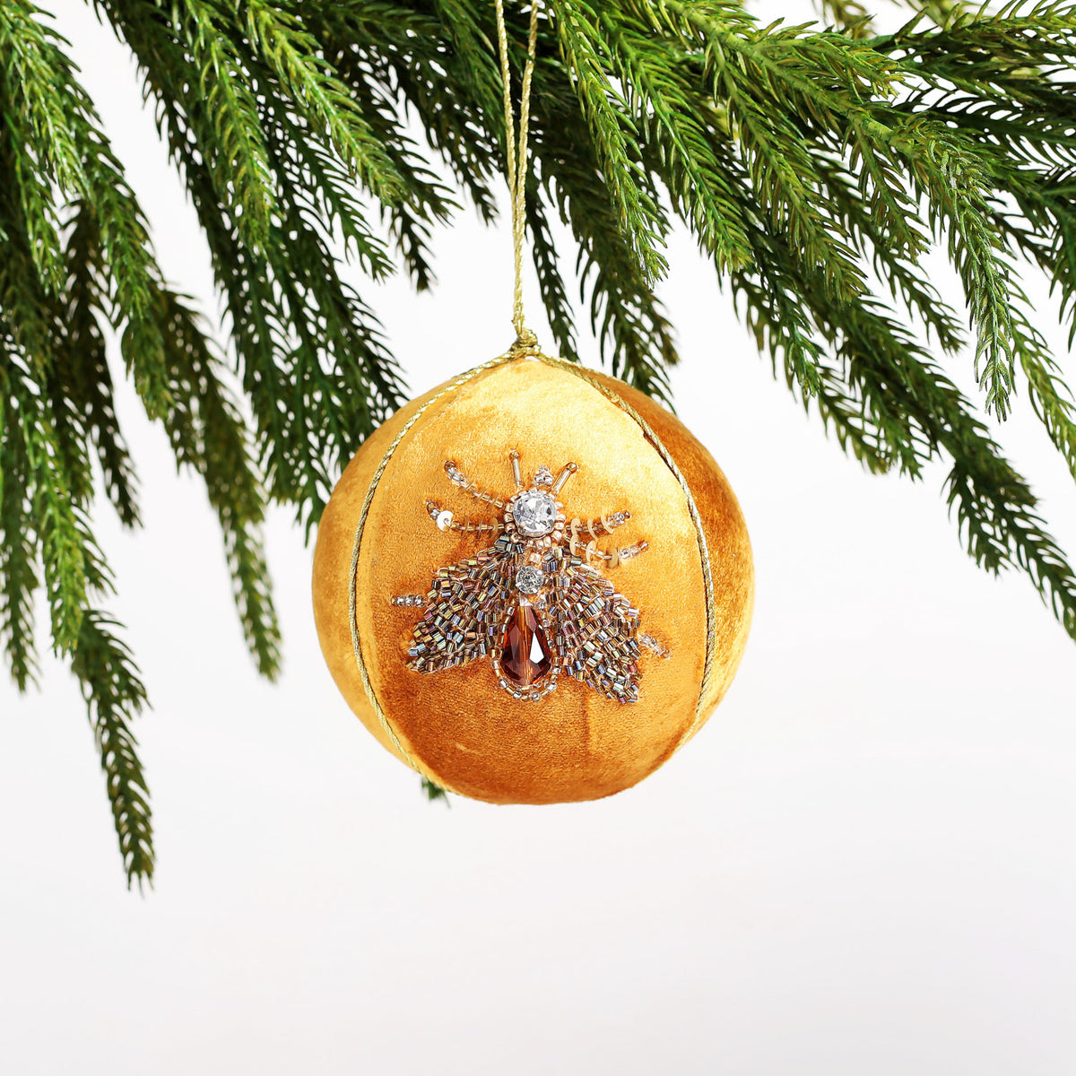 Velvet Golden Mustard Beaded & Embroidered Insect Christmas Ball Ornam –  Darby Creek Trading