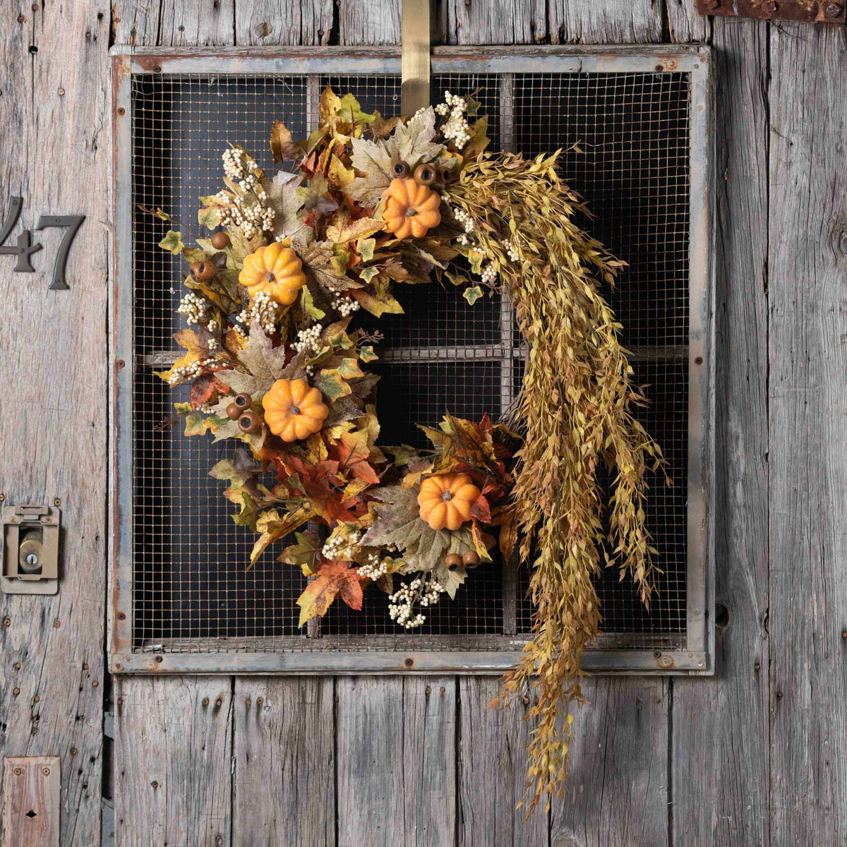 Autumn Harvest Cornucopia Fall Front Door Wreath with Pumpkin