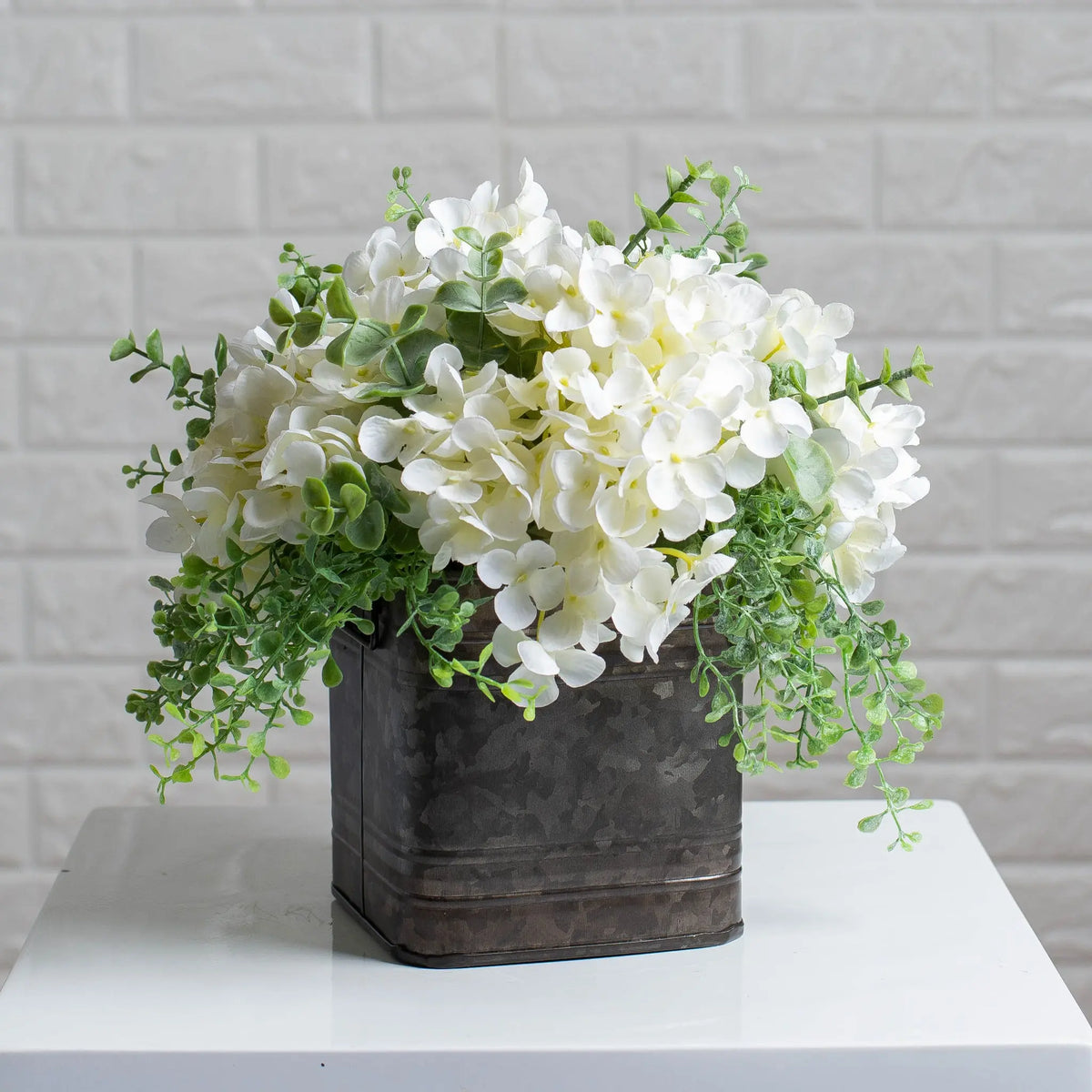 hydrangea and succulent centerpieces White Hydrangea & Mixed Eucalyptus Everyday Floral Arrangement – Darby Creek Trading