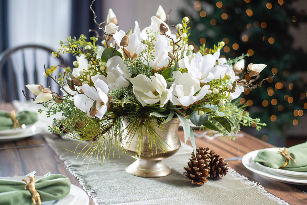 An Easy DIY White Rose and Pine Winter Centerpiece - Sanctuary