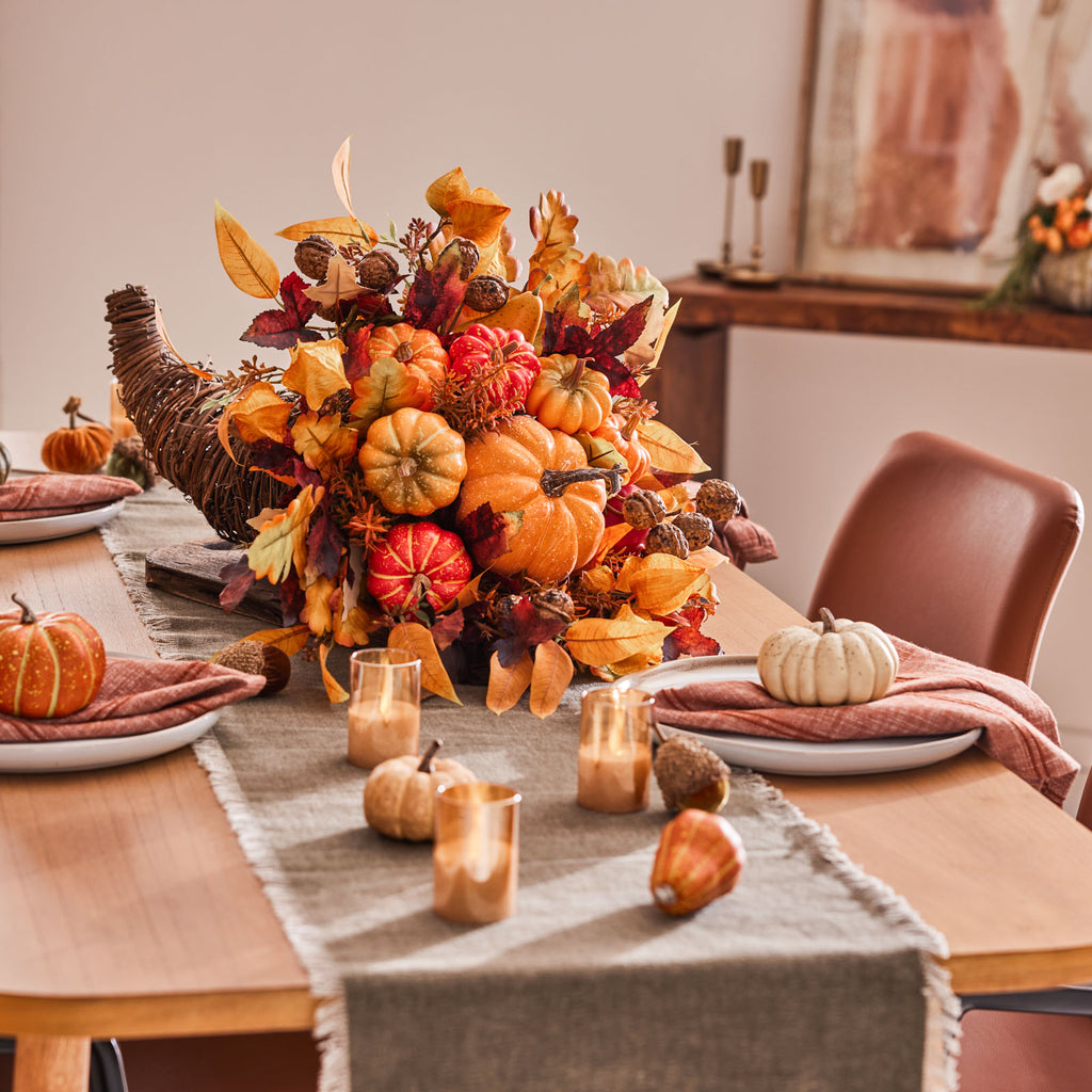 Fall's Grandeur Thanksgiving Cornucopia Centerpiece with Pumpkins, Gourds,  Chinese Lanterns - 3 Size Options