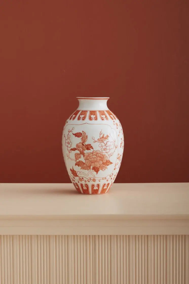 Coral Orange & White Hand Painted Chinoiserie Ceramic Elodie