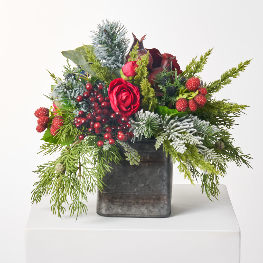 Red Queen Rose & Mixed Winter Berry Classic Faux Floral Arrangement  Christmas Centerpiece in Galvanized Metal Tin
