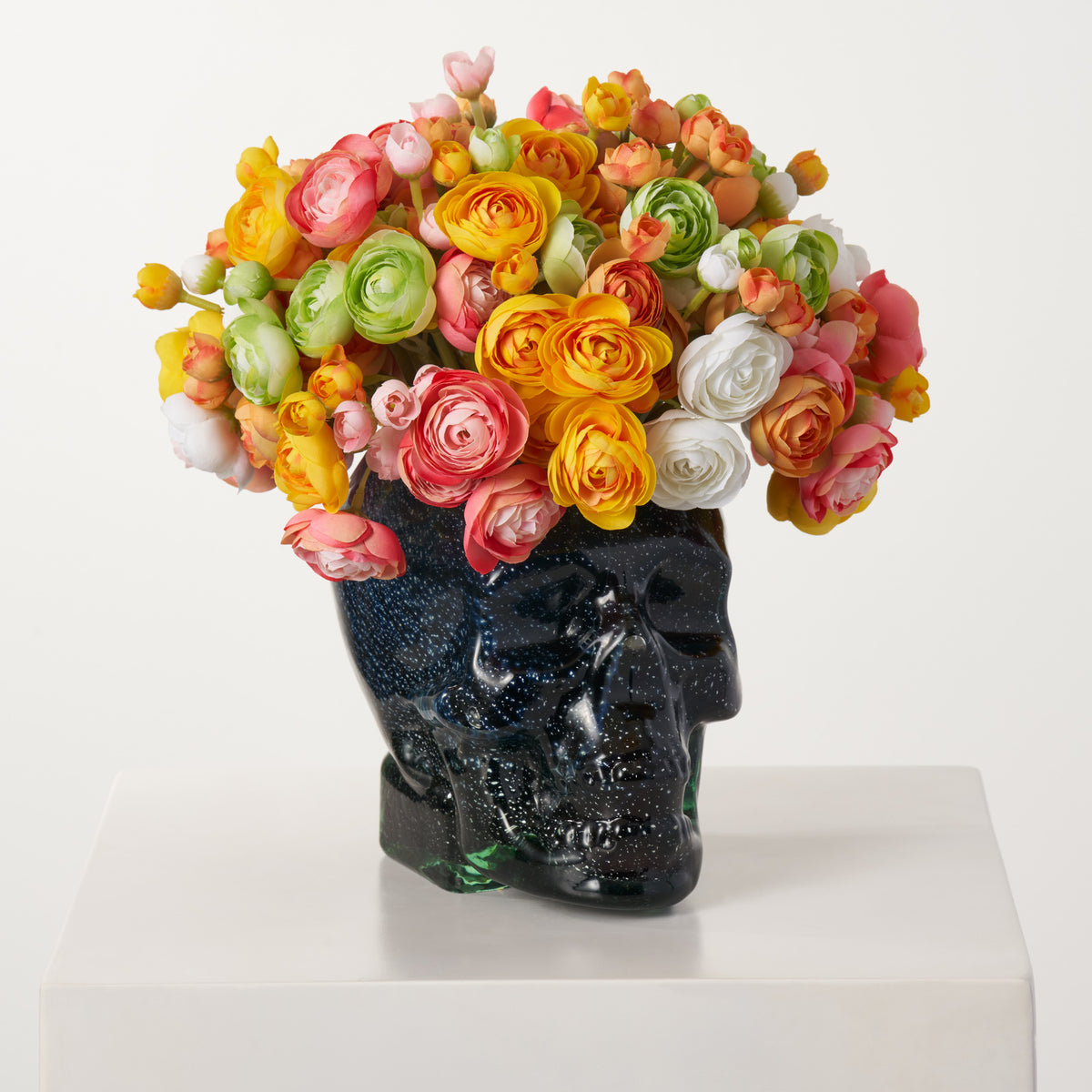 Sugar Skull Rainbow Ranunculus Fiesta In Hand Blown Glass Skull Vase H