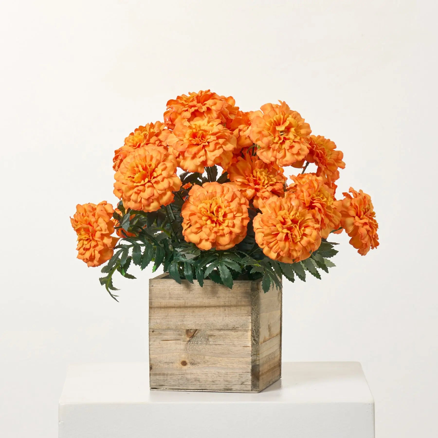 Faux Marigold Blooms Arrangement in Small Planter Box - Available