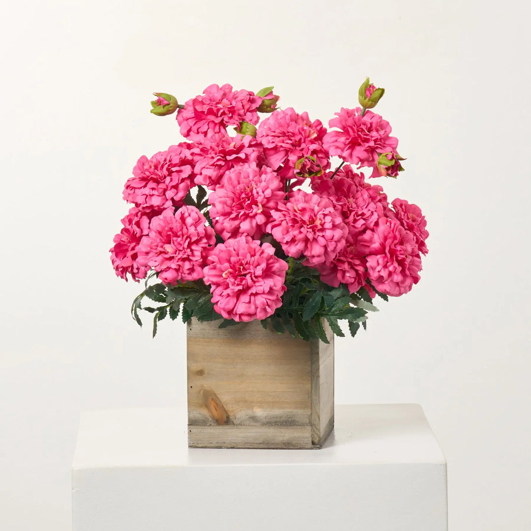 Faux Marigold Blooms Arrangement in Small Planter Box - Available