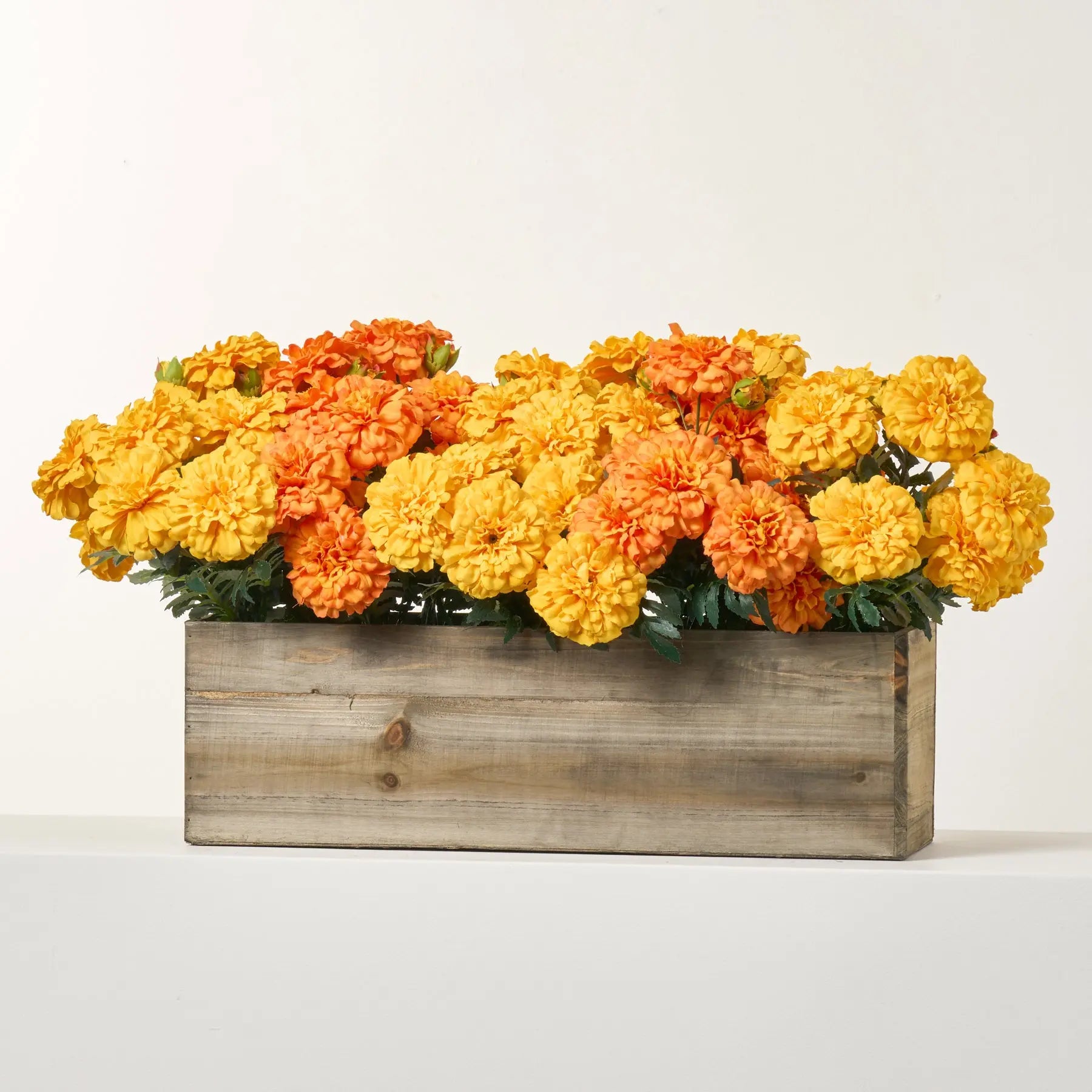 Mixed Orange & Yellow Marigold Blooms Arrangement in Large Wood