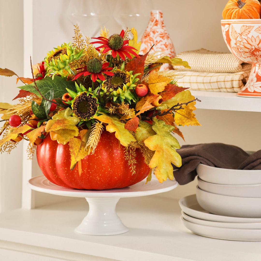 Pumpkin and flowers tabletop arrangement, thanksgiving arrangement, fall store pumpkin with sunflowers centerpiece,