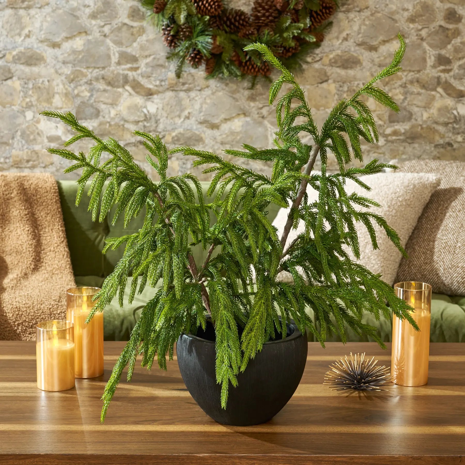 plant pots for topiary trees Real Touch Norfolk Topiary Tree in Black Textured Planter Pot Winter – Darby Creek Trading
