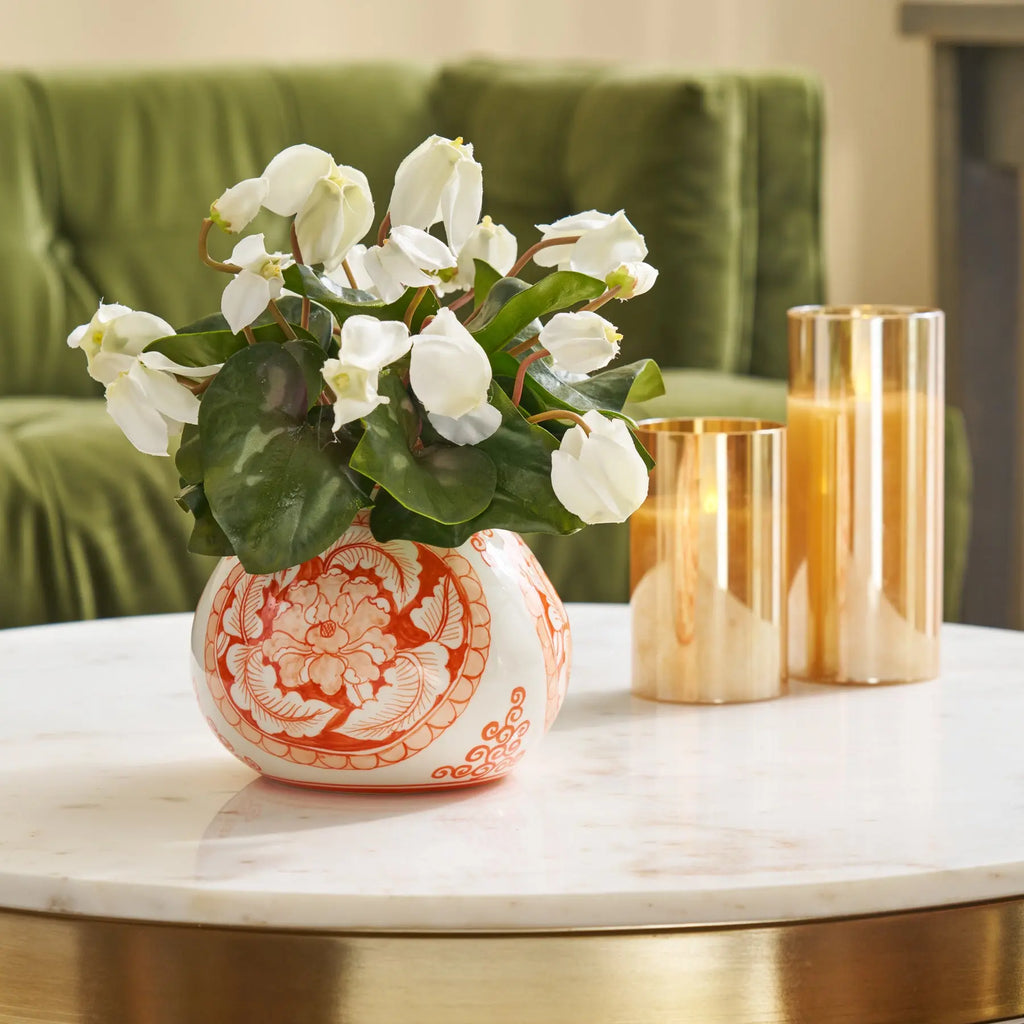 White Cyclamen Leaf & Bloom in Orange Chinoiserie Style Porcelain