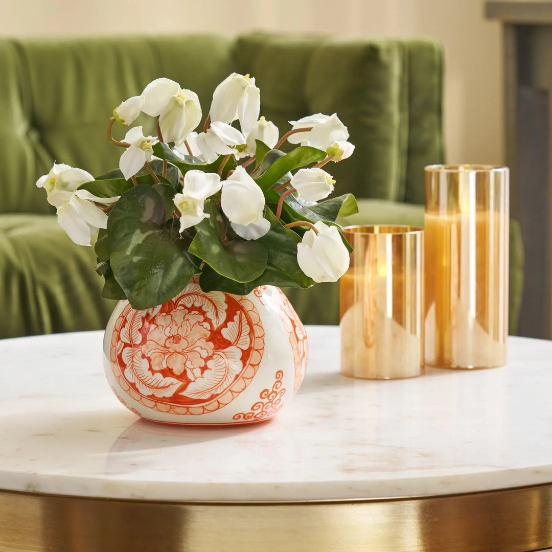 White Cyclamen Leaf & Bloom in Orange Chinoiserie Style Porcelain