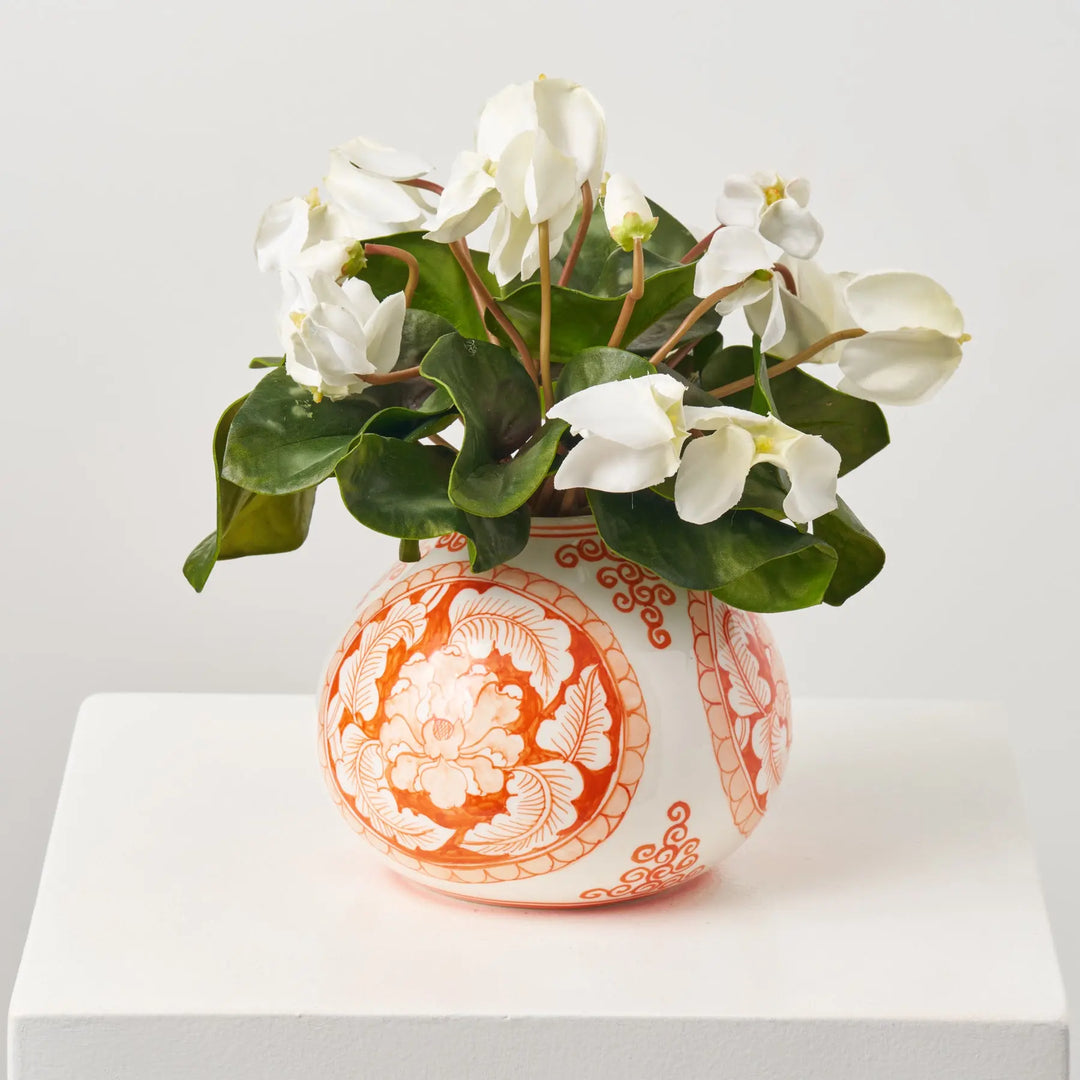 White Cyclamen Leaf & Bloom in Orange Chinoiserie Style Porcelain