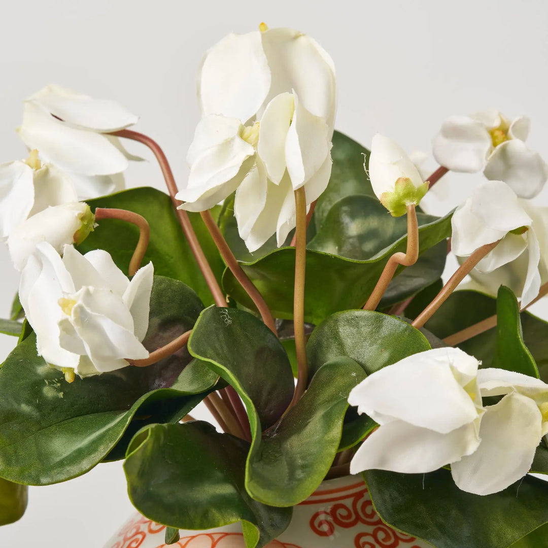 White Cyclamen Leaf & Bloom in Orange Chinoiserie Style Porcelain