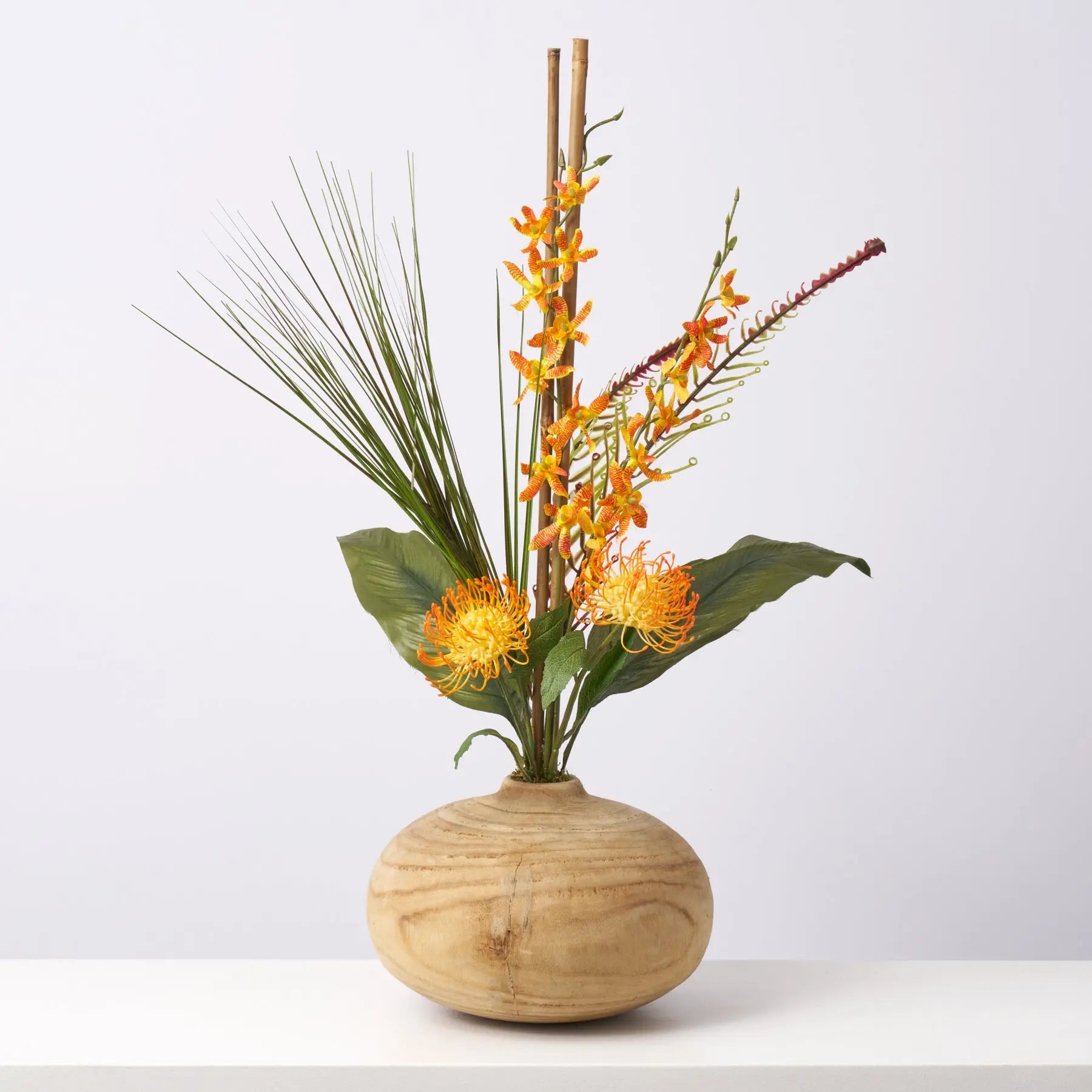 Faux Tropical Orange Orchid & Protea Arrangement in Wood Bowl
