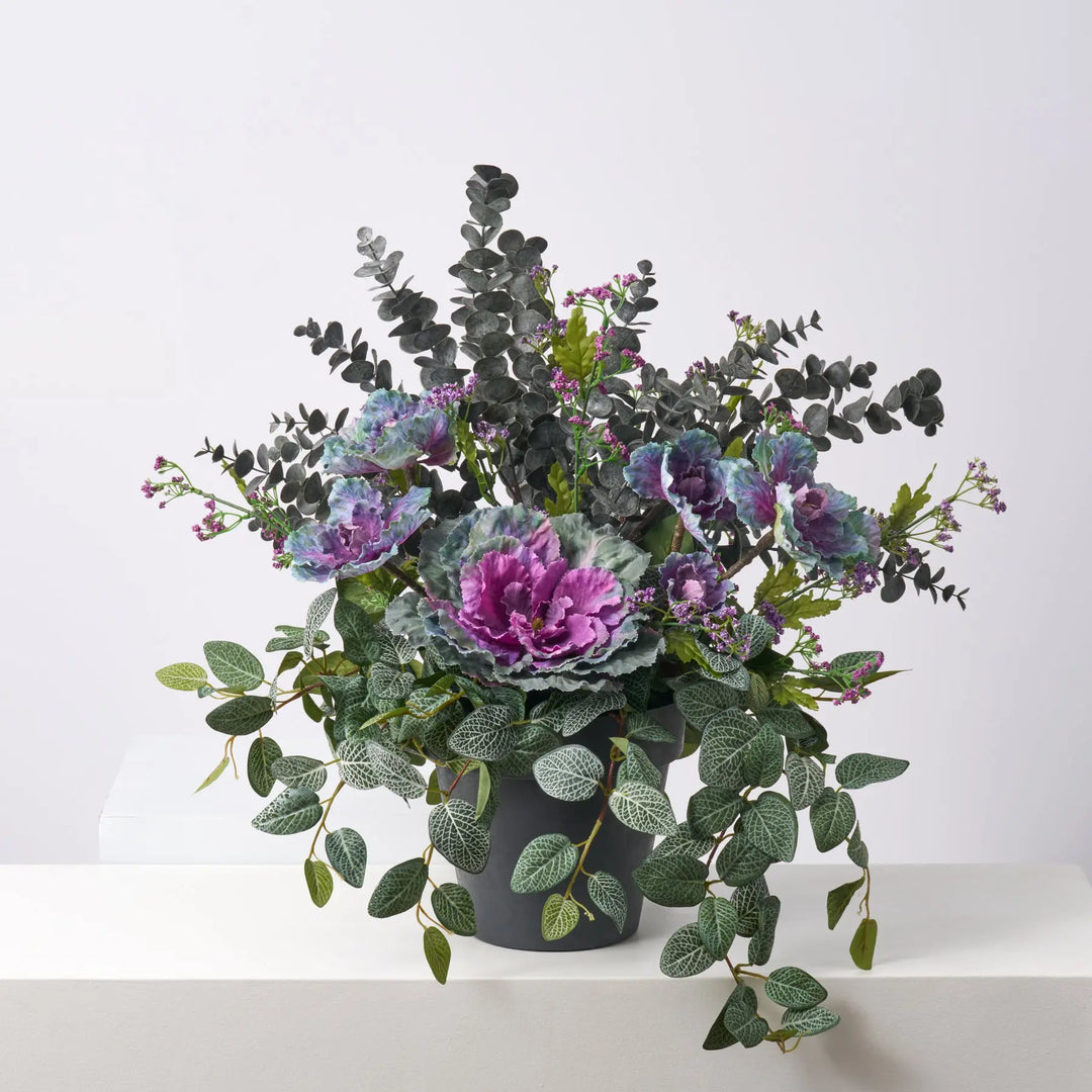 artificial potted vine plant Lifelike Purple Cabbage Kale Bloom, Midnight Eucalyptus & Fittonia Vine Outdoor Spring Fall Faux Urn Filler Potted Plant Arrangement