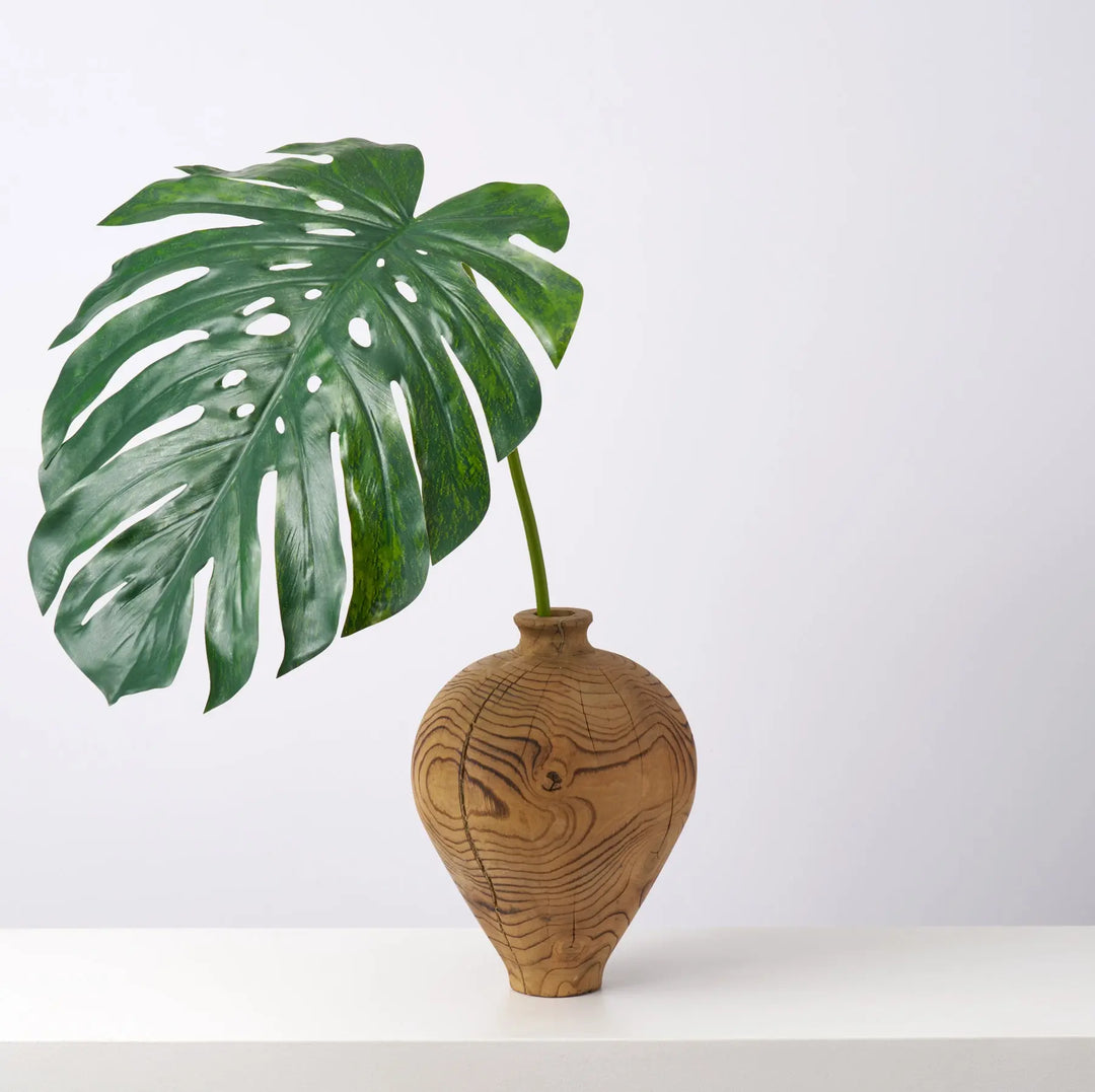 monstera leaf in vase Giant Lifelike Monstera Leaf with Natural Turned Natural Wood Bulbous Vase Everyday Spring Arrangement