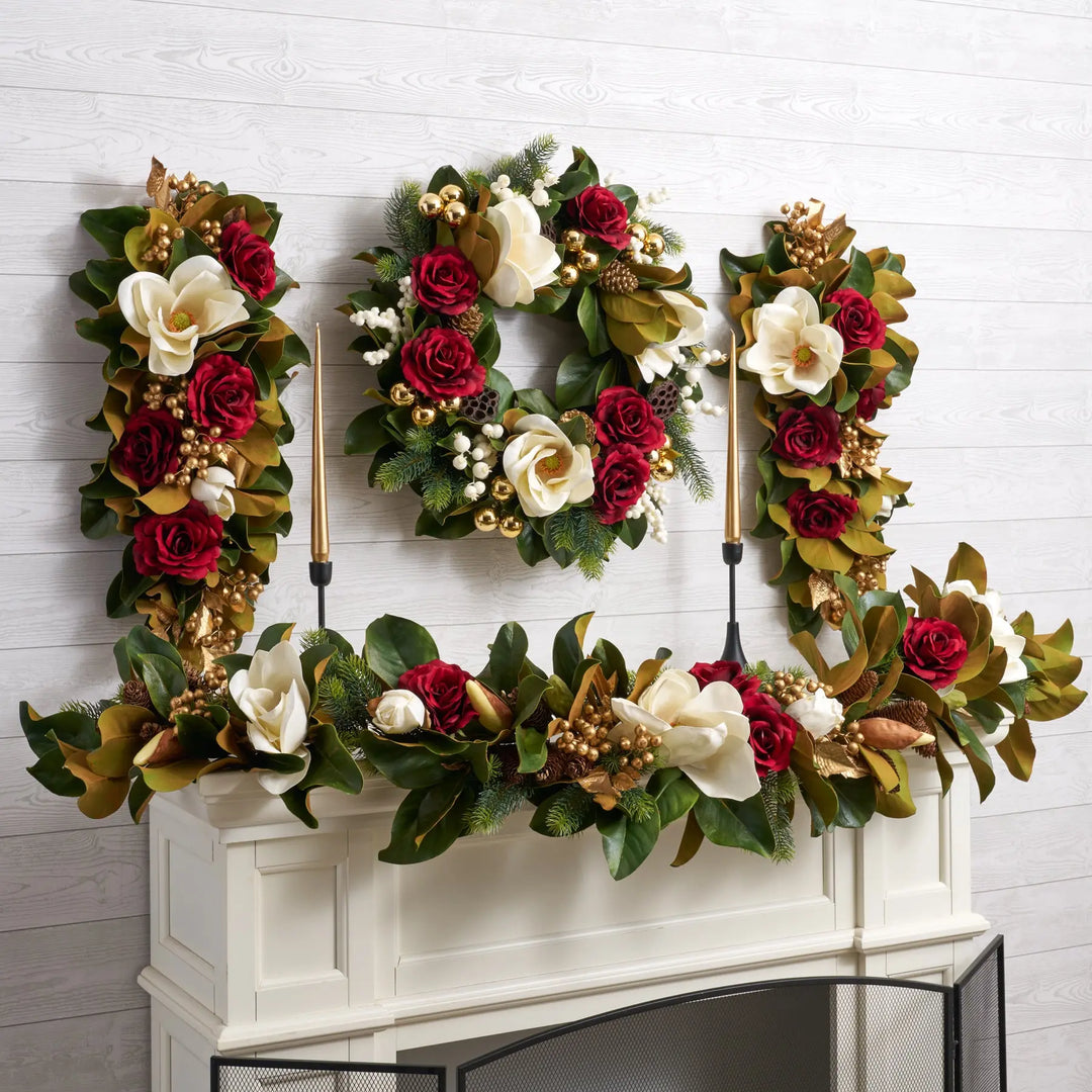 Real Touch Magnolia, Metallic Gold Crabapple, Red Queen Rose, Pine