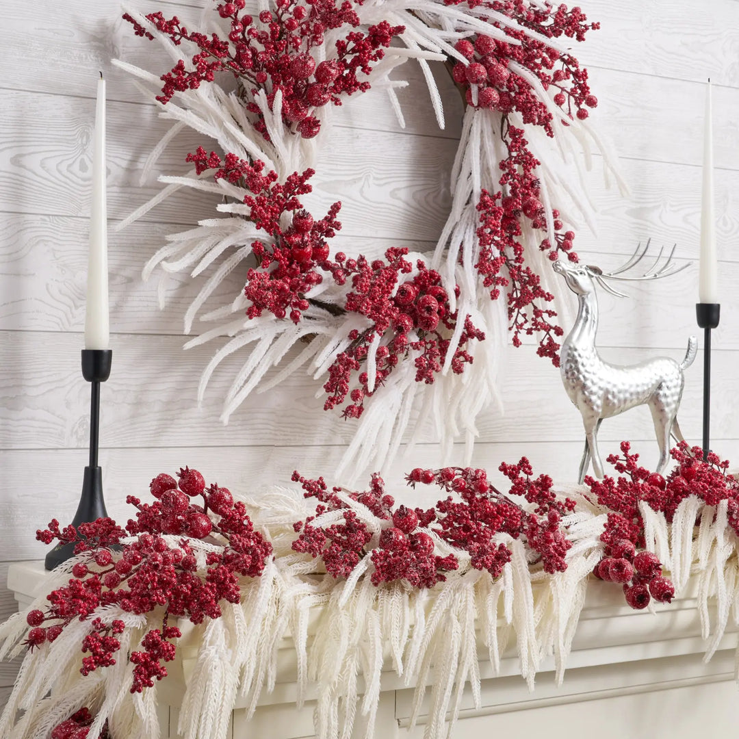 Larksilk 22" Red Frosted Berry Wreath - Iced Hawthorn Winter Christmas Decor For Door Or Mantel