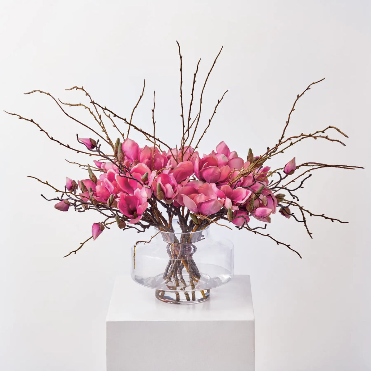 Fuchsia Magnolia Blooms & Branches In Large Modern Saucer Style Vase Everyday Spring Water Illusion Arrangement