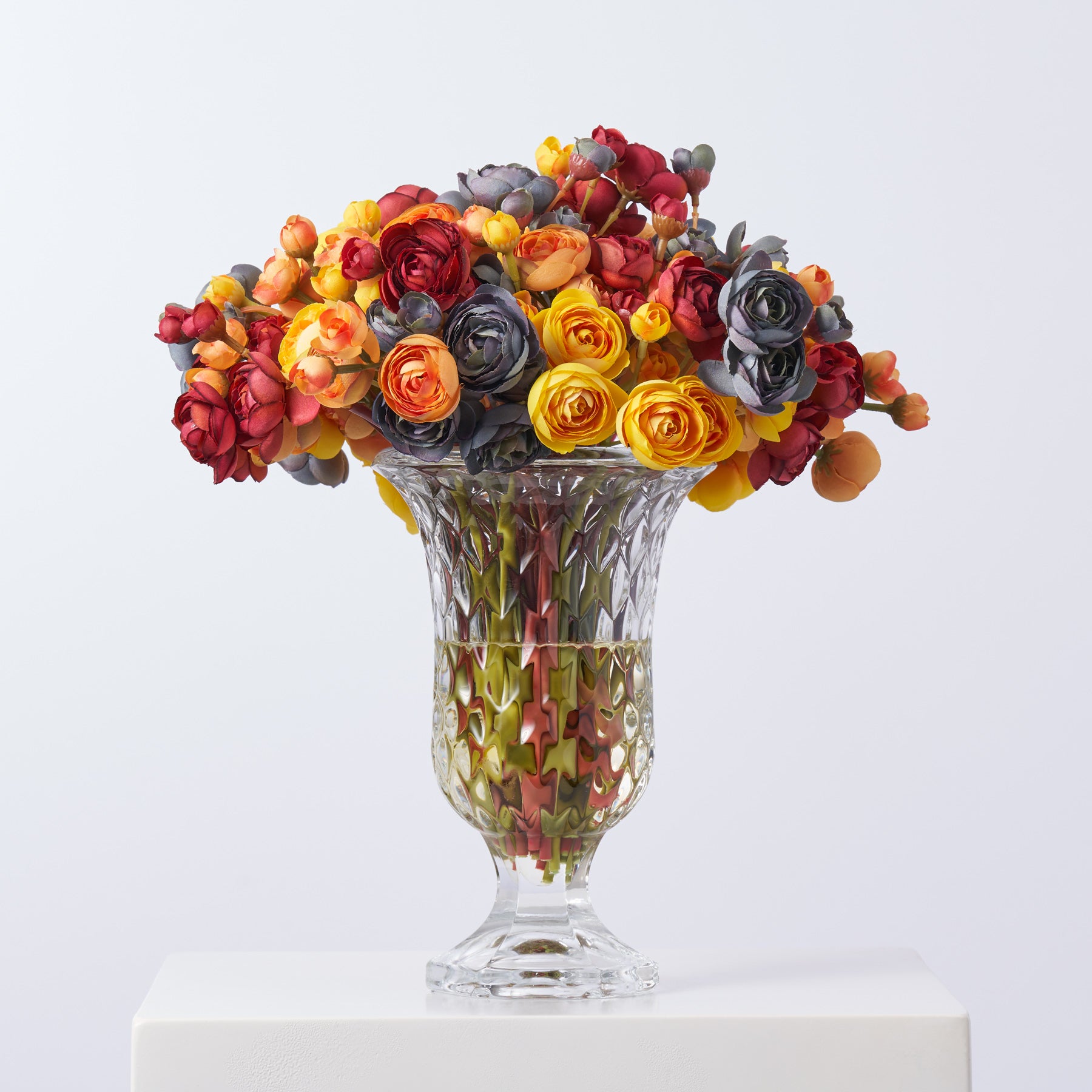 Autumn Mix Rainbow Ranunculus In Cut Glass Style Footed Urn Vase Fall ...