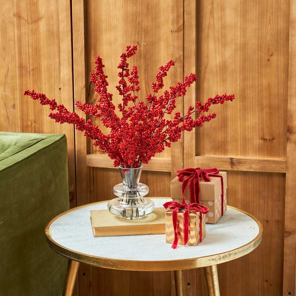 Red Ilex Winter Berry In Layered Glass Vase Christmas Holiday