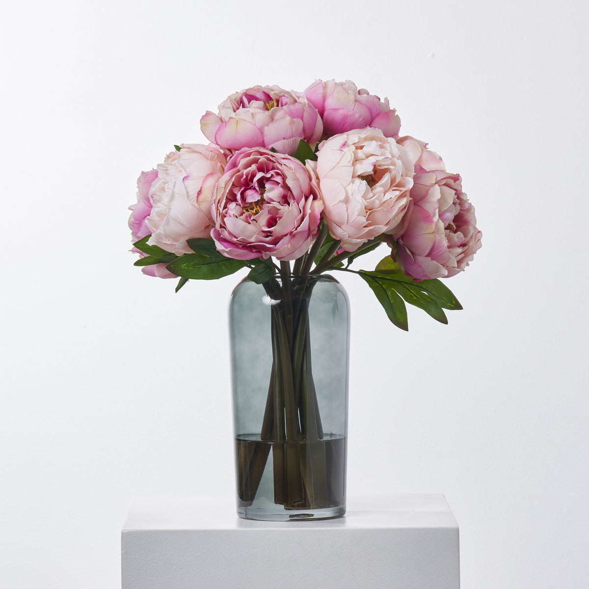 Full Bloom Real Touch Mixed Pink & Blush Peonies In Smoke Glass Vase E ...