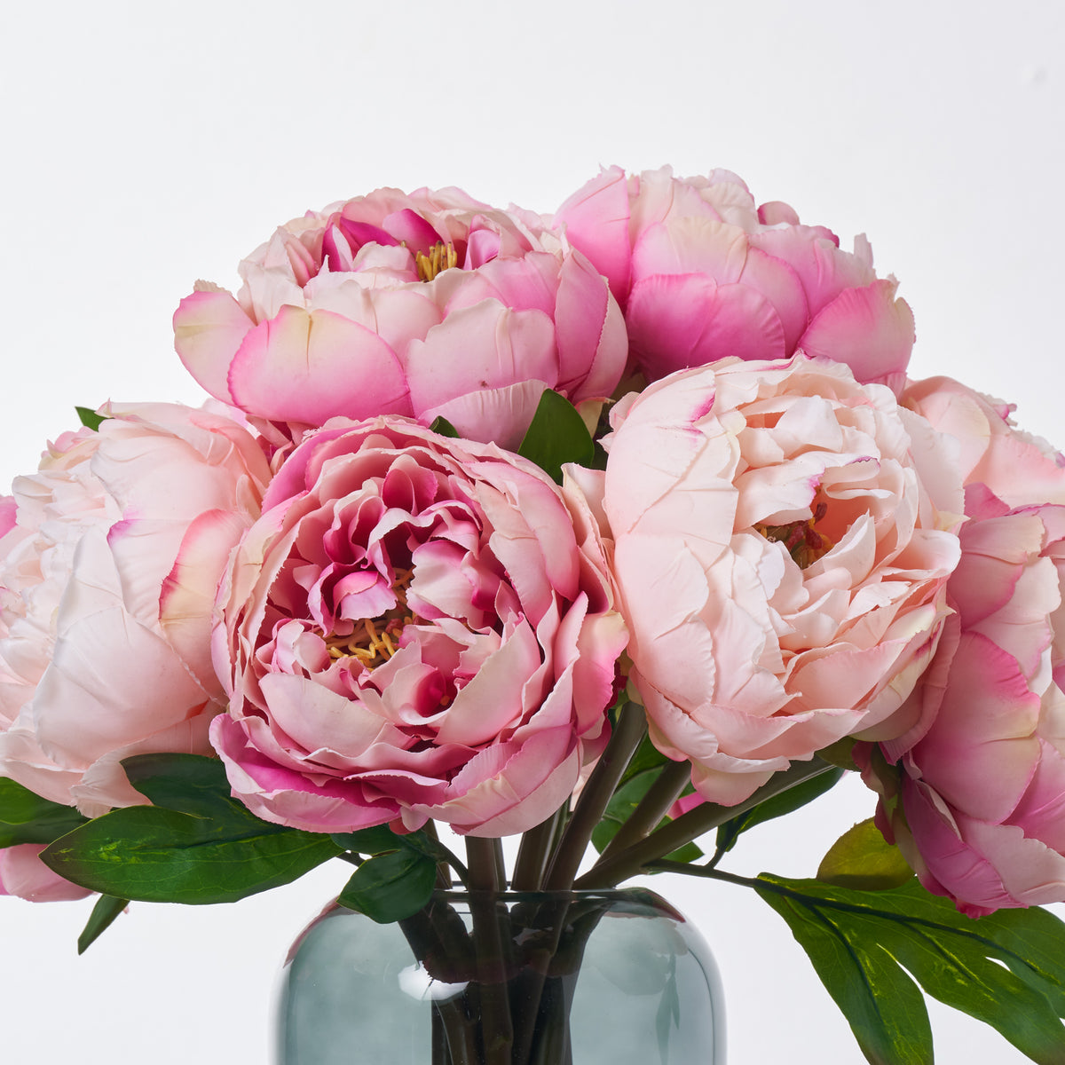 Full Bloom Real Touch Mixed Pink & Blush Peonies In Smoke Glass Vase E ...