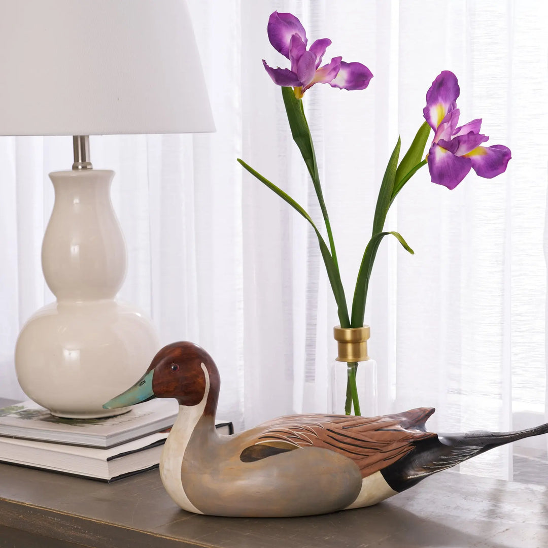 Lifelike Purple Iris Bloom Stems in Tall Gold Rim Bottle Vase