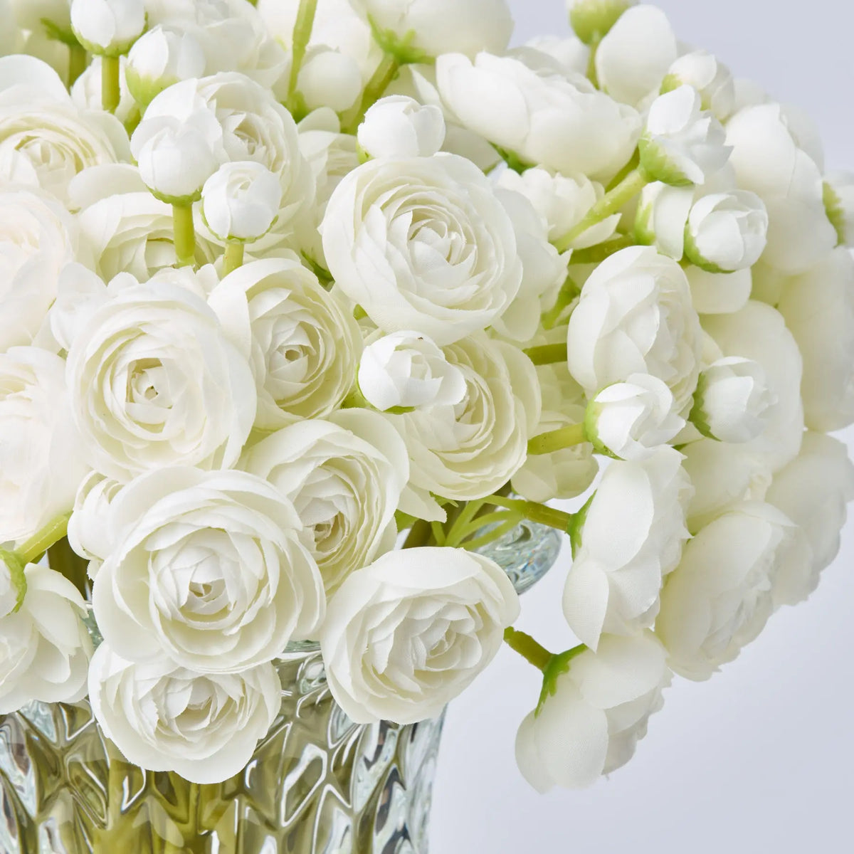 Preserved White Ranunculus Realistic Mini White Ranunculus Blooms in Beveled Glass Pedestal Vase ...