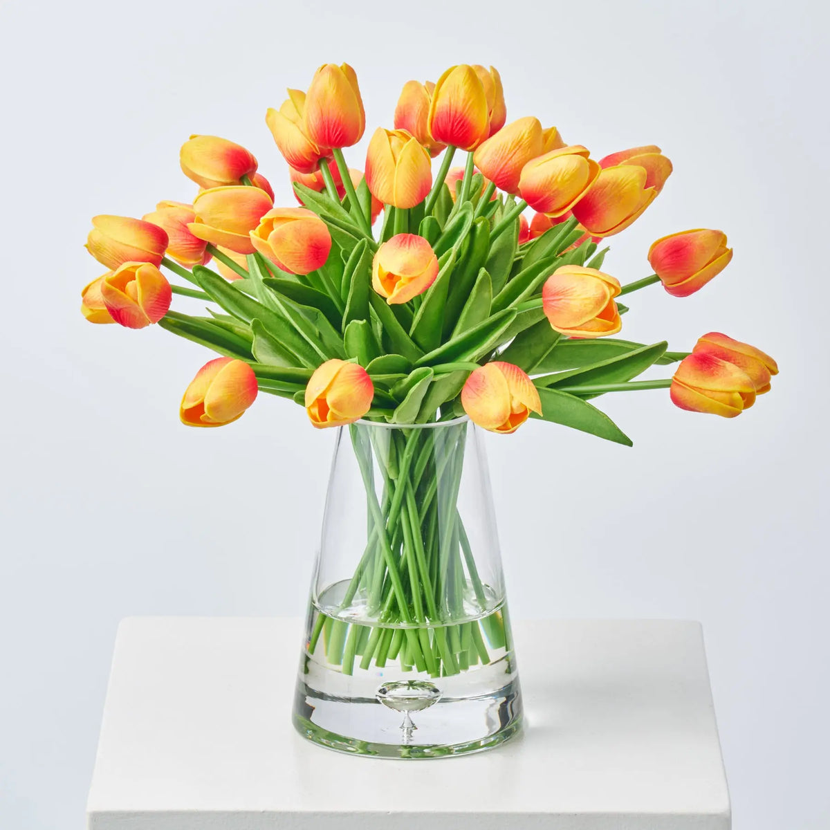 Lifelike Real Touch Two Tone Orange Mini Tulip Blooms in Pyramid Vase ...